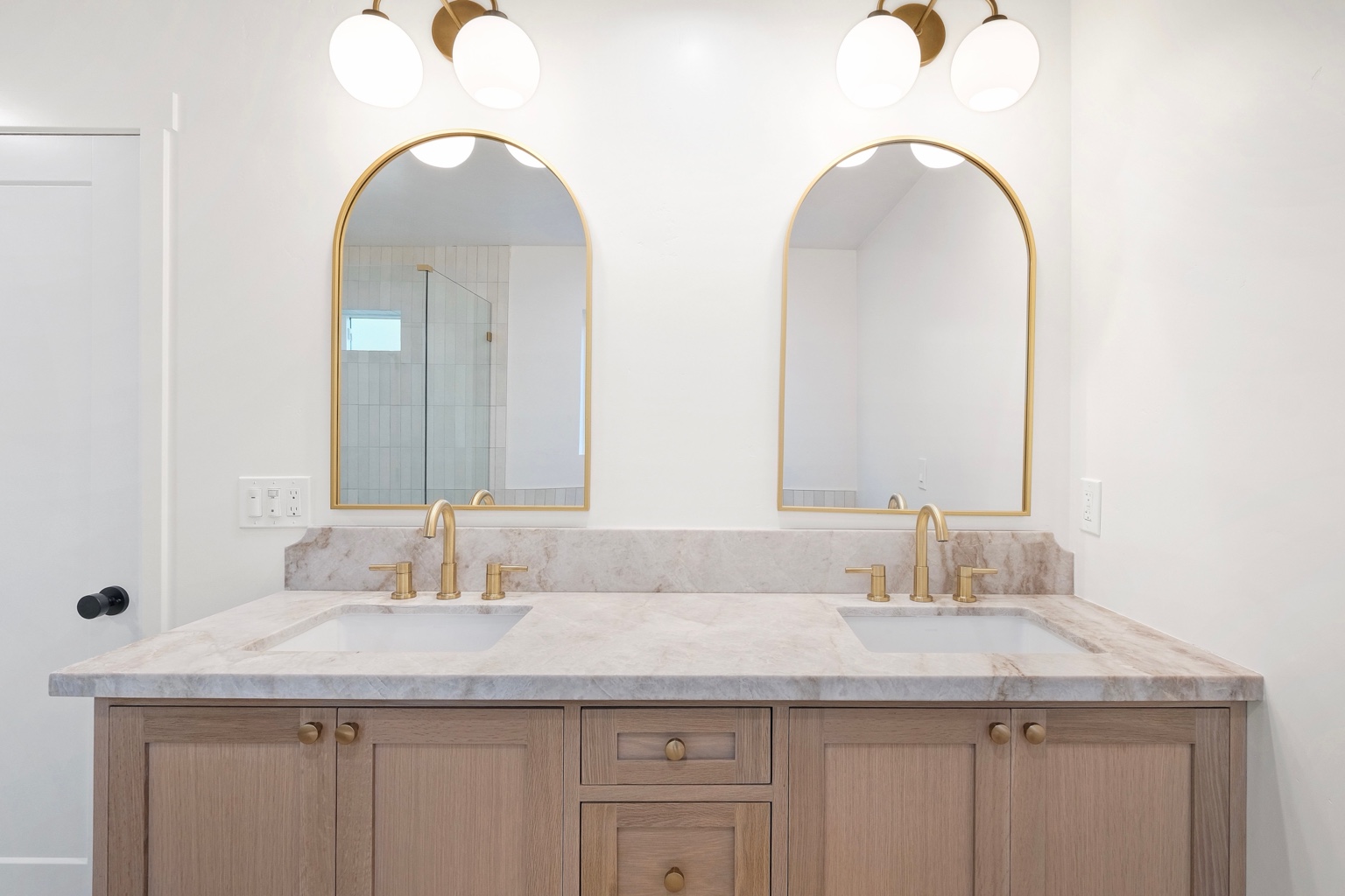Natural wood double-sink bathroom vanity